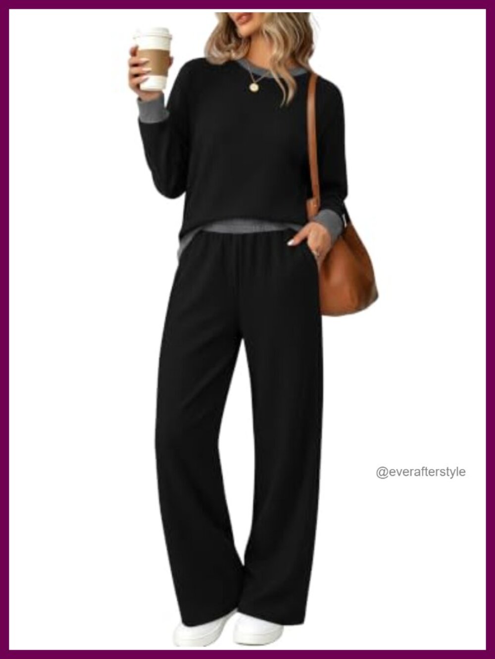 Two Piece Lounge Set Wide Leg Pants Crew Neck Raglan Travel Outfit